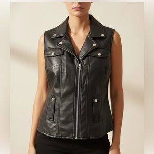 Diana Marco Women's Large Black Leather Vest Motorcycle Biker Zip Up Snaps